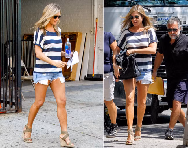 Jennifer Aniston trẻ ra vài tuổi nhờ chiếc quần short xì tin.