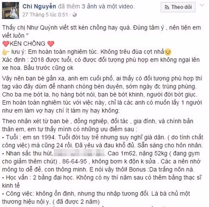 Với tất cả những tiêu chuẩn ấy, Chi mong muốn tìm được người bạn đời có học vấn đại học trở lên, có nhà riêng, ô tô riêng và thu nhập bằng hoặc hơn cô, ngoại hình không cần quá đẹp trai nhưng cao trên 1m7, da không quá đen. Cùng hàng loạt những điểm tích cực của tính cách. Ảnh: FBNV.