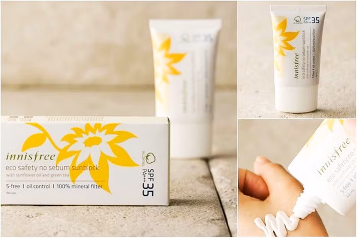 Kem chống nắng Innisfree no sebum. Phải nói rằng loại kem chống nắng này rất hợp với các cô nàng da dầu. Tính kem đặc bôi lên da không bị nhờn và tạo cảm giác khô thoáng cả ngày, độ kiềm dầu khá cao. Ảnh: Divashop.