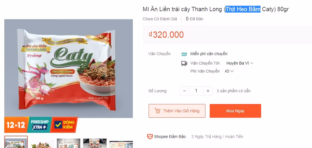 Một thùng mì tôm thanh long (thịt heo bằm) 30 gói có giá 320.000 đồng.