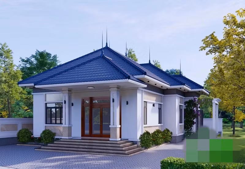 Mẫu nhà cấp 4 mái Nhật đơn giản có chi phí thấp nhưng vẫn đảm bảo tính thẩm mỹ là lựa chọn phổ biến ở vùng nông thôn. Ảnh: Kientrucphongthuykhanghung