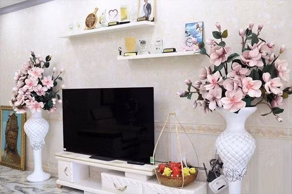 Kệ ti vi với hai chậu hoa giả lớn do vợ nam diễn viên kết và bày trí giữa phòng khách. Ảnh: chụp màn hình