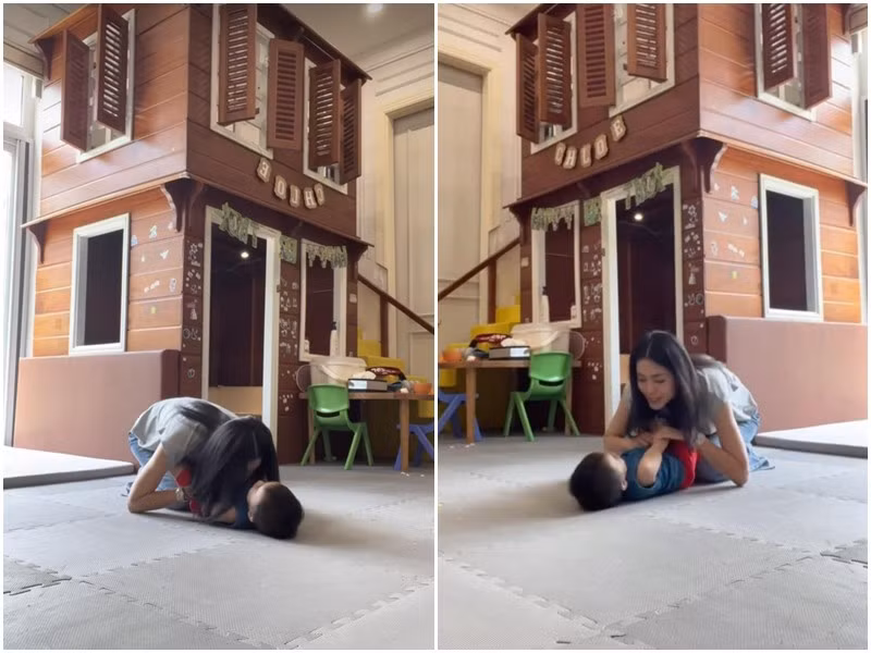 Đây chú ý nhất trong video Hà Tăng đăng tải là khung cảnh căn phòng có góc vui chơi của các con được thiết kế rộng rãi. Ảnh chụp màn hình