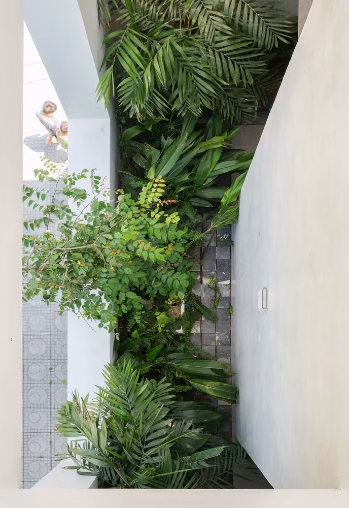 Để giảm nhiệt độ cho toàn bộ cấu trúc vào mùa hè, đồng thời giữ ấm cho không gian vào mùa đông, kiến trúc sư tạo khoảng trống và trồng cây xanh ở những khu vực tiếp xúc với ánh sáng mặt trời.