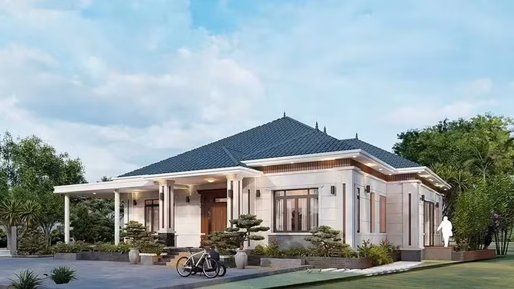 Nhà 1 tầng có sự kết hợp từ nhiều chất liệu khác nhau như gỗ, đá, kính... Dù khá đơn giản nhưng vẫn mang đến vẻ đẹp sang trọng. Ảnh: Spacet