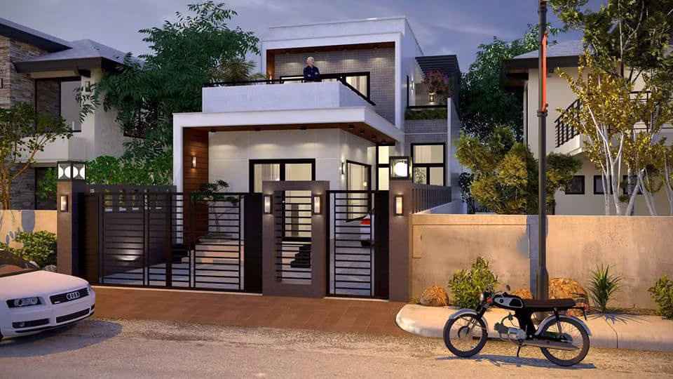 Nhà cấp 4 gác lửng mái bằng gây ấn tượng bởi gam màu trắng kết hợp gạch màu xám kẻ roan, chia mảng tường thành những ô vuông nhỏ. Ảnh: Wedo