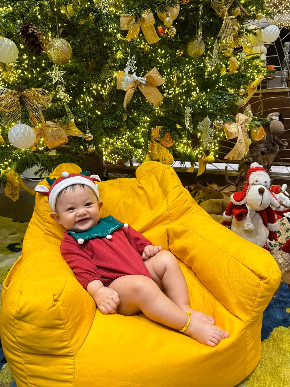 Đặc biệt, Đàm Thu Trang chọn tông xanh - vàng để trang trí cho cây thông Noel của gia đình.