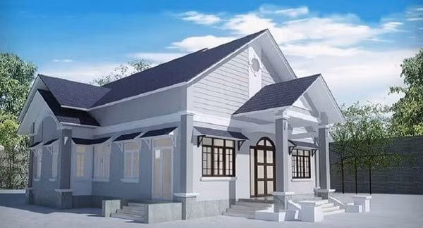 Nhà cấp 4 gác lửng hiện đại sử dụng tông màu xám ghi chủ đạo. Phần mái thái giật cấp chữ A và cửa sổ kính có thêm mái bên trên tránh được tình trạng hắt mưa. Ảnh: Quatest2