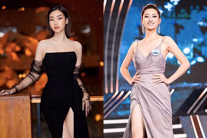 Cùng lựa chọn kiểu váy cắt xẻ táo bạo khoe vai thon, nhưng Đỗ Mỹ Linh luôn biết cách thể hiện vẻ thanh lịch bằng phụ kiện và kiểu tóc uốn vểnh. Đôi găng tay voan xuyên thấu giúp tôn lên vẻ sang trọng của người đẹp.