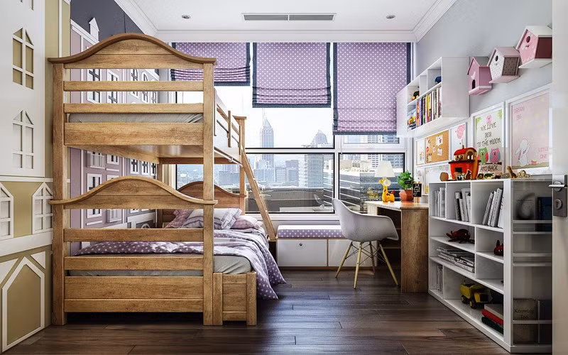 Đôi vợ chồng có một cô con gái và cậu con trai tuổi gần tương đương nhau, nên họ quyết định chọn giường tầng để hai chị em có thể cùng chia sẻ không gian ngủ nghỉ và học tập.