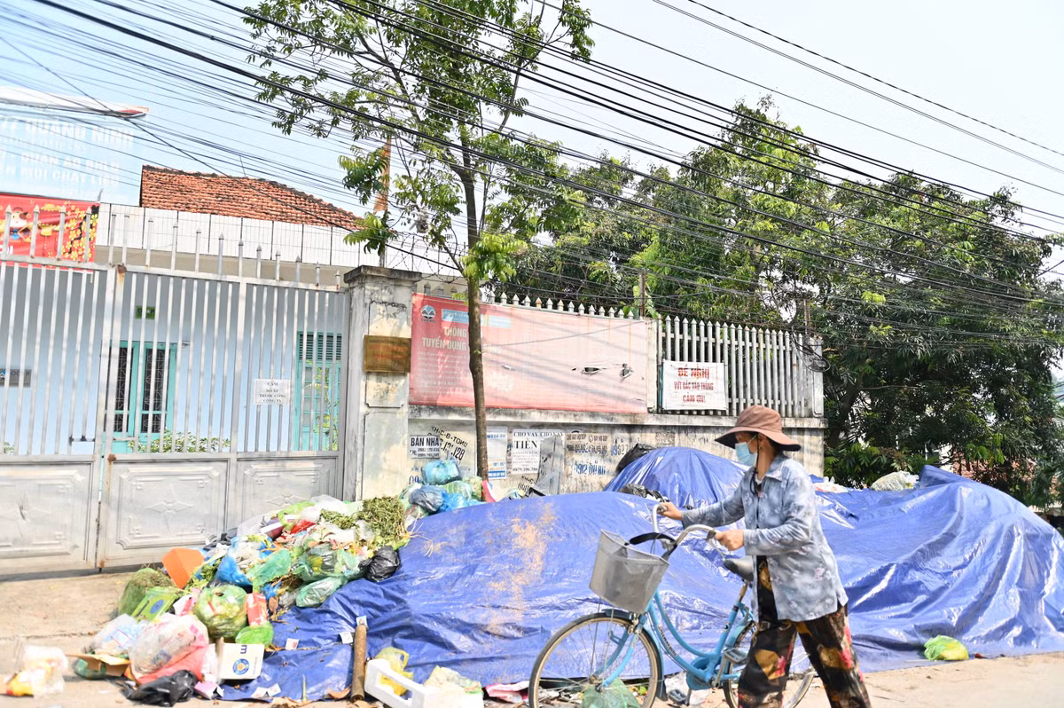 Bãi rác này gần như che kín cổng ra vào của Công ty CP may và in 27/7 ở phường Cao Xanh.