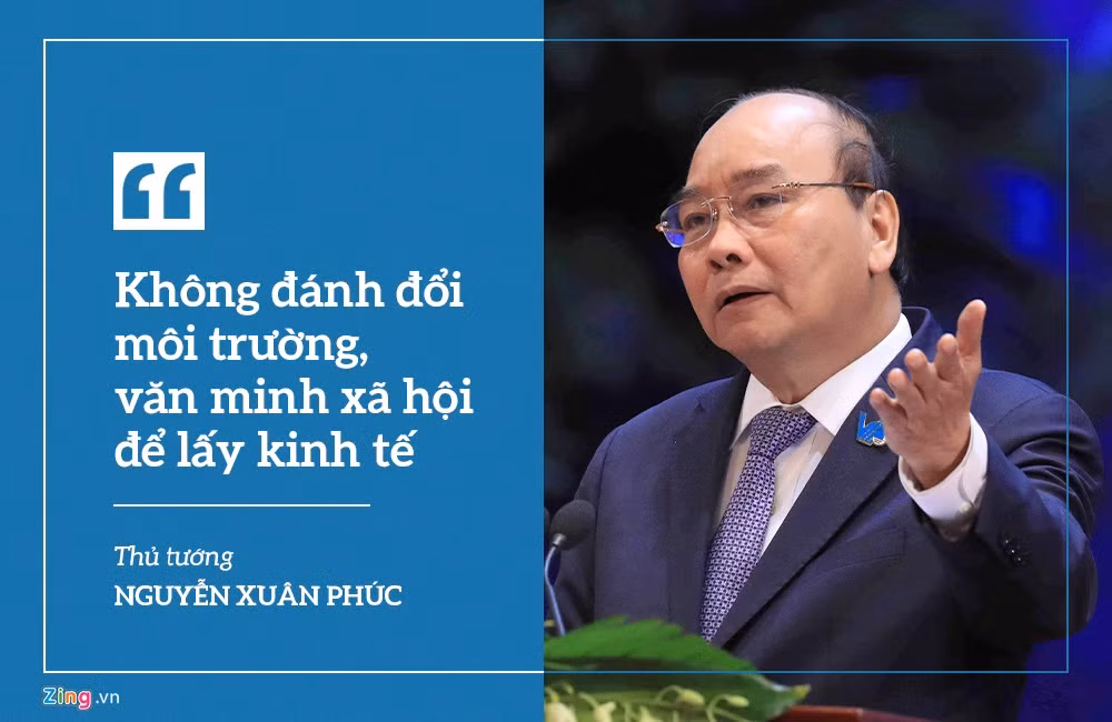 Nói lại thông điệp về phát triển kinh tế và bảo vệ môi trường, Thủ tướng Nguyễn Xuân Phúc nhấn mạnh phải bổ sung thành "không đánh đổi môi trường, văn hóa và văn minh xã hội lấy kinh tế”. Theo ông, môi trường văn hóa bị ô nhiễm cũng độc hại không kém môi trường không khí.
