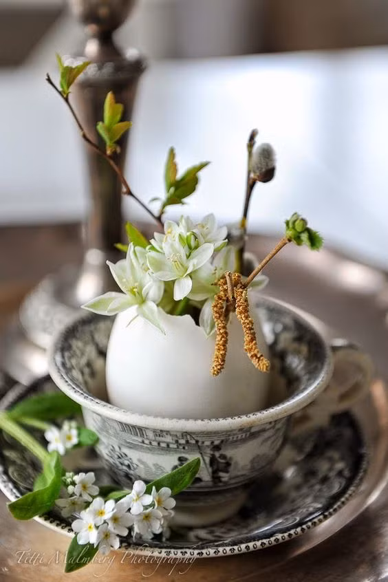 Sau khi vỏ trứng đã sạch và khô, bạn cho sỏi vụn vào bên trong (tùy số lượng) và hỗn hợp đất cùng mùn cưa vào 2/3 quả trứng. Ảnh: hwitblogg.blogspot.no.