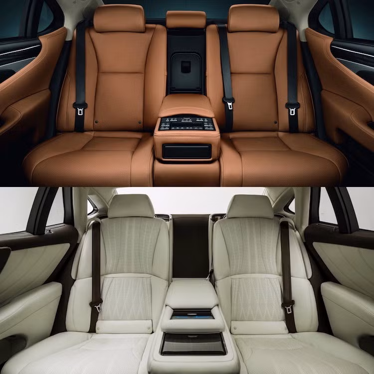 Ở phía sau, Lexus cũng đã sử dụng panel màn hình cảm ứng điều khiển các chức năng tương tự như đối thủ BMW 7 Series. Thêm vào đó, hàng ghế sau có khả năng nghiêng về sau 48 độ và nâng mặt ghế lên 24 độ để giúp khách ra vào xe dễ dàng hơn. Vốn đã có không gian rộng hơn thế hệ trước, Lexus còn đưa ra tùy chọn ghế sau siêu rộng, đem tới khoảng để chân lớn chưa từng thấy trong lịch sử dòng LS.