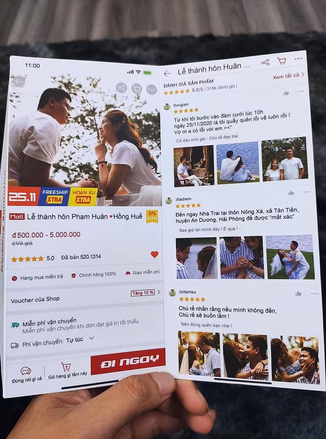 Chủ nhân của tấm thiệp cưới gây "sốt" mạng là cặp đôi Phạm Văn Huân (sinh năm 1992, quê Hải Phòng) và cô dâu Thân Hồng Huế (sinh năm 1994, quê Lạng Sơn). Hiện tại cặp đôi đang kinh doanh online tại TP. HCM.