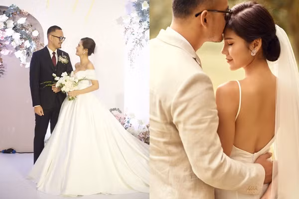 Vốn thuộc hội hot girl hàng đầu, khi khoác lên mình váy cưới trắng Thu Hoài lại càng rạng rỡ, nổi bật hơn.