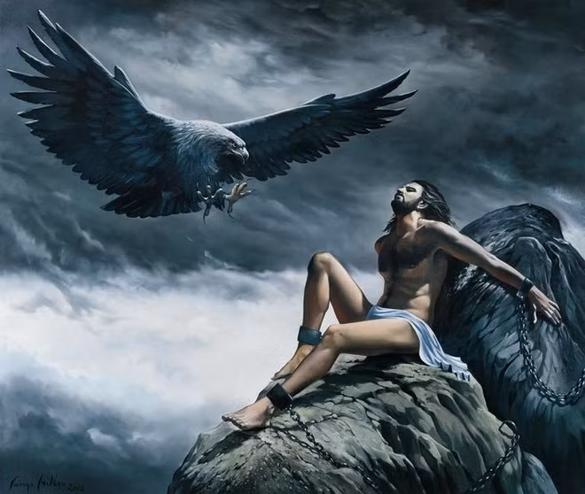 Prometheus là hậu duệ của Titan khổng lồ và cũng là vị thần tiên tri. Vì thế, khi biết trước thất bại của phe Cronos, Prometheus đã thông minh đứng về phía Zeus và tránh khỏi kết cục bị giam cầm. Tuy nhiên về sau, ông lại bị Zeus trừng phạt, trói vào tảng đá lớn, để cho đại bàng moi gan mỗi ngày. Lý do là bởi Prometheus dám cả gan đánh cắp lửa về cho nhân loại. Ảnh: The BL.