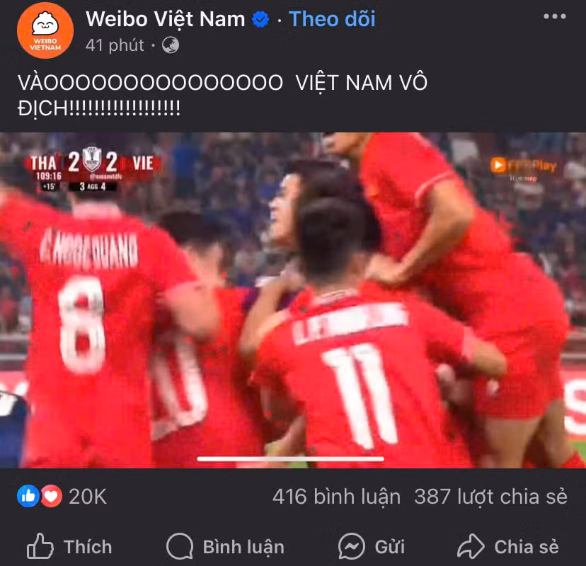 Nhiều fanpage lớn cũng nhanh chóng lên bài chúc mừng tuyển Việt Nam, thu về hàng chục nghìn lượt yêu thích chỉ trong vòng ít phút.