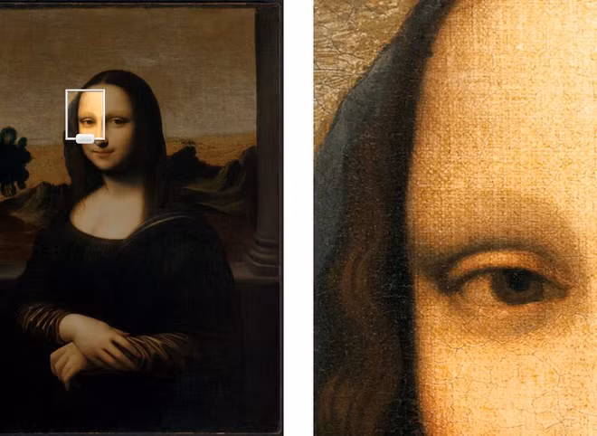 Cuối cùng, Mona Lisa trong bức tranh không có lông mày và lông mi, và khi phóng to lên nhiều lần, có hai chữ cái LV được phát hiện trong mắt phải của cô, có thể là viết tắt theo tên của Leonardo da Vinci.