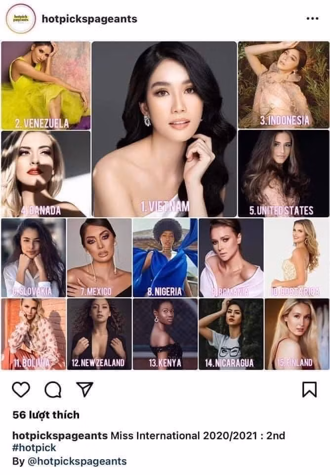 Vừa qua, diễn đàn sắc đẹp thế giới trên mạng xã hội Instagram – hotpickspageants đã đăng tải hình ảnh Phạm Ngọc Phương Anh đứng đầu BXH của fan sắc đẹp quốc tế đối với cuộc thi Miss International.