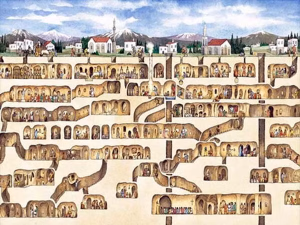 Vùng Cappadocia ở Thổ Nhĩ Kỳ nổi tiếng với thành phố ngầm Derinkuyu. Thành phố ngầm này có sức chứa hàng ngàn người và có tới hàng nghìn nhà ở. Bên trong Derinkuyu có cả các cửa hàng, nhà thờ, giếng nước, bếp, trường học...