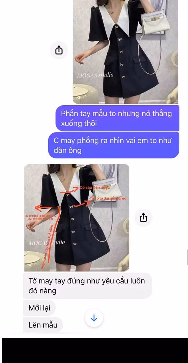 Kèm theo đó là những tấm hình chụp cận cảnh sản phẩm, chỉ quan sát bằng mắt thường cũng có thể thấy chiếc váy khác xa với chiếc váy mẫu.