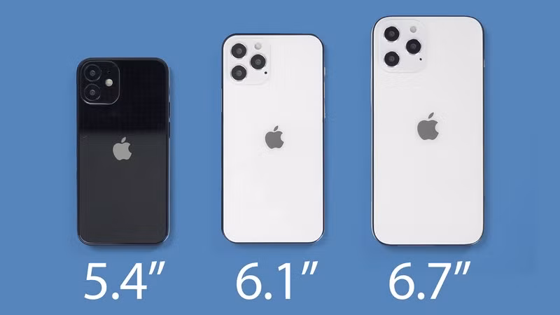 Tin đồn cho biết iPhone 12 mini sẽ có màn hình 5,4 inch, iPhone 12 và 12 Pro có màn hình 6,1 inch còn iPhone 12 Pro Max trang bị màn hình 6,7 inch. Cả 4 sản phẩm đều sử dụng tấm nền OLED. Riêng bộ đôi iPhone 12 Pro có thể hỗ trợ tần số quét 120 Hz.