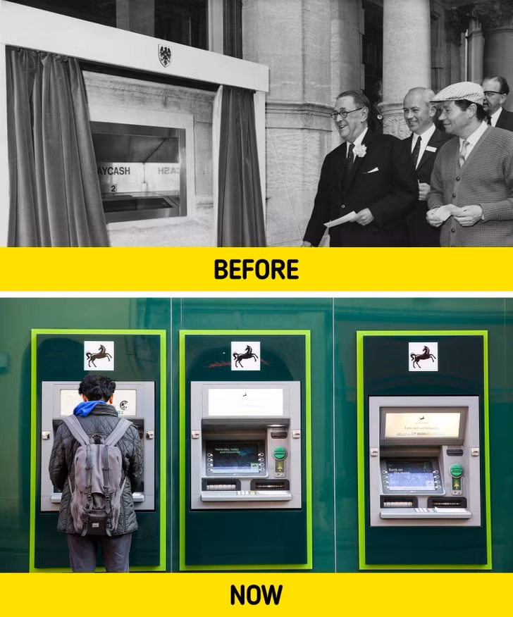 Nguyên mẫu của máy ATM được thiết kế bởi Luther George Simjian vào năm 1939, tuy nhiên phải đến những năm 60 nó mới được sử dụng. Bức ảnh ở bên trên cho thấy nam diễn viên Reg Varney đang sử dụng máy ATM đầu tiên ở phía bắc London, Anh.