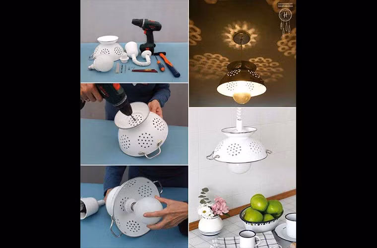 Chụp đèn tròn làm từ cái rây bột.