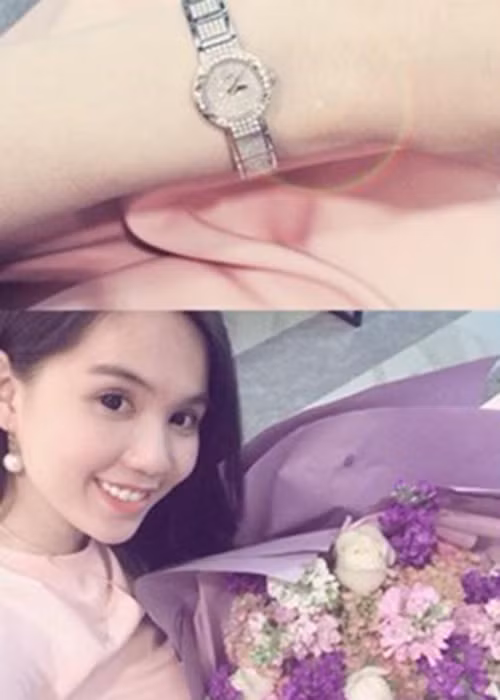 Dịp Valentine 2014, Ngọc Trinh cũng đã nhận được bó hoa tươi và chiếc đồng hồ hiệu Piguet, trị giá hơn 800 triệu đồng từ người đàn ông hơn cô 20 tuổi này. (Ảnh: Facebook nhân vật) 