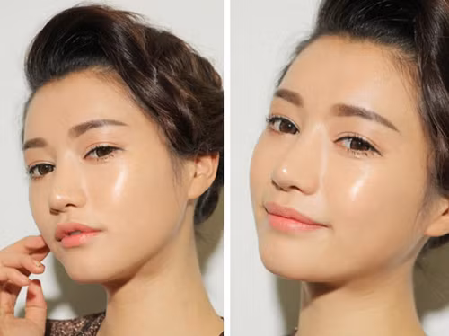 5. Sử dụng phấn tạo khối và phấn bắt sáng. Trường hợp muốn tạo khối hoặc dùng phấn bắt sáng, bạn nên hạn chế chúng ở các điểm cao trên khuôn mặt như xương mày, mũi, má và cằm để phản chiếu ánh sáng. Cố gắng không phủ chúng tất cả khuôn mặt.
