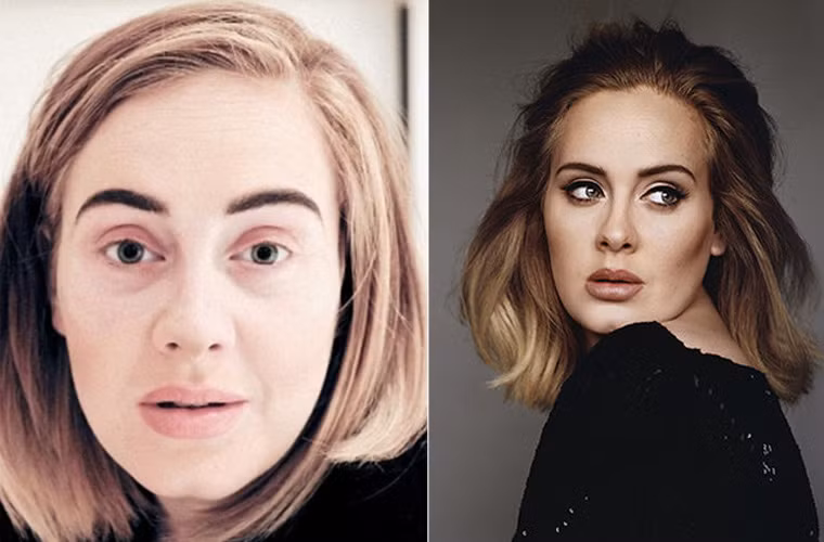Sự khác biệt dễ nhìn thấy nhất giữa khuôn mặt mộc và đã trang điểm kỹ của Adele chính là đôi mắt. Bởi giọng ca Hello có sở thích trang điểm mắt rất đậm với đường kẻ eyeliner thật dầy.