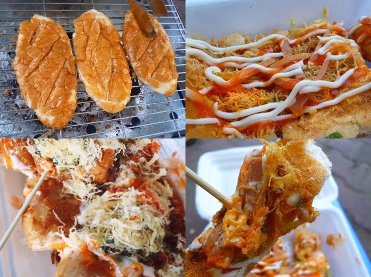 Bánh mì được cán dẹp, tẩm ướp bằng muối ớt pha loãng cùng dầu điều hoặc ớt sa tế sau đó đem nướng trên bếp than đỏ. Sau đó, bánh được cắt ra thành nhiều miếng nhỏ và kết hợp với các loại đồ ngon lên trên.