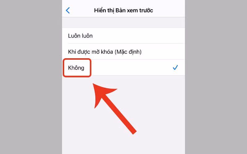 7. Tắt xem trước thông báo trên màn hình khóa: Cài đặt tại Hiển thị Bản xem trước > Khi được mở khóa.(Ảnh: Thegioididong.com)