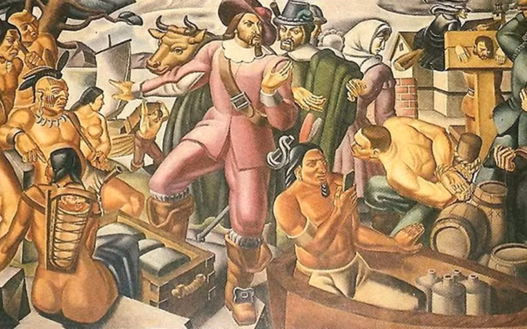  Bức tranh “Mr. Pynchon and the Settling of Springfield” được vẽ năm 1937, mô tả cảnh lập thành phố Springfield (Mỹ) bởi William Pynchon – tổ tiên nhà văn Thomas Pynchon. (Ảnh: Thanh niên Việt)