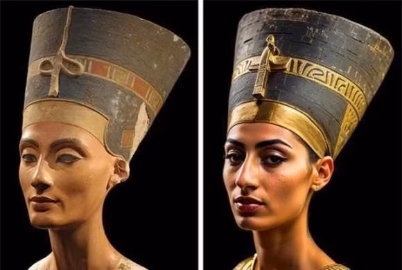 1. Nefertiti: Vương hậu Ai Cập cổ đại, sống khoảng thế kỷ 14 TCN, vợ của Pharaoh Akhenaten. Bà nổi tiếng vì vẻ đẹp lộng lẫy và vai trò quyền lực hiếm có trong triều đình, thậm chí có thời gian được cho là đồng cai trị với chồng. Hình ảnh phục dựng bằng AI cho thấy Nữ hoàng Ai Cập Nefertiti thực sự là mỹ nhân tuyệt sắc, sở hữu đôi mắt sắc bén, mũi cao và thẳng.