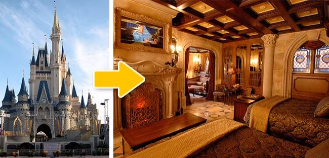 Căn hộ bí mật trong Lâu đài Cinderella, Disney World, Mỹ. Thoạt nhìn, căn hộ trông giống như một căn phòng khách sạn rất đắt tiền tuy nhiên dù có trả bao nhiêu tiền đi nữa, bạn cũng sẽ không được vào căn hộ này nếu như không đủ may mắn trúng thưởng của Disney World. (Nguồn Youthwant)