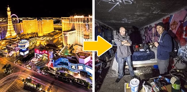 Một hệ thống đường hầm rộng bên dưới con đường giải trí chính của Las Vegas, Mỹ là nơi có hàng trăm người vô gia cư sinh sống. Con đường hoàn toàn tối tăm, thế nhưng khi bật đèn pin lên, bạn sẽ thấy những dấu hiệu không thể nhầm lẫn về sự hiện diện của con người như đồ đạc, quần áo và tất cả các loại vật dụng hàng ngày. (Nguồn Youthwant)