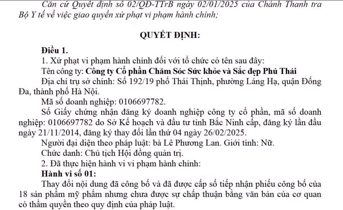 Công ty Chăm sóc sức khỏe và Sắc đẹp Phú Thái bị xử phạt Cong ty Cham soc suc khoe va Sac dep Phu Thai bi xu phat