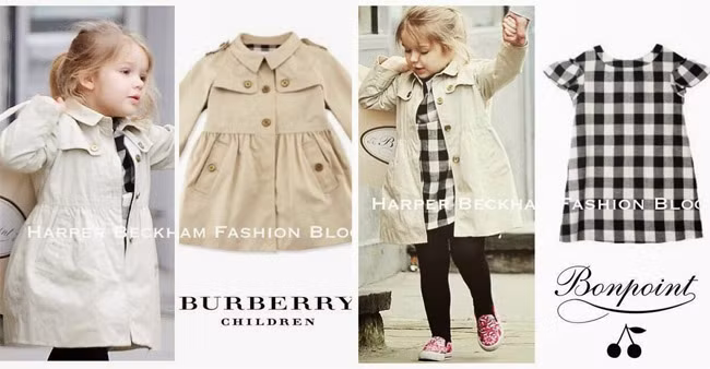 Áo khoác Bubberry, váy kẻ ô vuông hiệu Bonpoint, từ trên xuống dưới của Harper toàn là hàng hiệu.