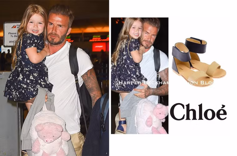 Váy hoa trắng nền xanh đen hiệu Burberry, sandal Chloe, Harper cực kỳ sành điệu với set đồ hiệu cao cấp.
