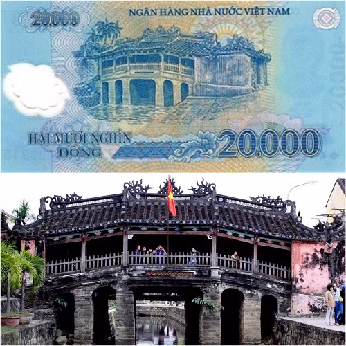 Tờ 20.000 polymer chính thức lưu thông năm 2006, có in hình chùa Cầu - Hội An. Đây là cây cầu cổ, dài khoảng 18 m, có mái che, vắt cong qua lạch nước chảy ra sông Thu Bồn nằm trong khu đô thị cổ Hội An, tỉnh Quảng Nam. Với nét kiến trúc độc đáo, chùa Cầu là điểm chụp ảnh yêu thích của khách du lịch và là biểu tượng đẹp của Hội An.