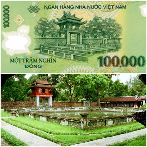 Vào ngày 5/8/2004, Thủ tướng Chính phủ đã có Quyết định số 841 cho phép phát hành đồng tiền mới 100.000 đồng polymer. Mặt sau của tờ tiền là hình ảnh Văn Miếu - Quốc Tử Giám. Đây là quần thể di tích đa dạng và phong phú hàng đầu của Hà Nội. Được xây dựng từ năm 1070, đến nay, Văn Miếu vẫn giữ được vẻ cổ kính với đặc điểm kiến trúc của nhiều thời đại.