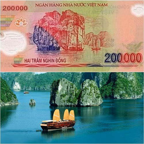 Những hình ảnh trên tiền Việt Nam có thể vẫn còn mới lạ với nhiều người. Điểm đến được in trên tờ 200.000 đồng polymer phát hành ngày 30/8/2006 là Vịnh Hạ Long (Quảng Ninh). Với vẻ đẹp cảnh quan, khí hậu mát mẻ, đây là danh lam thắng cảnh được nhiều khách du lịch trong và ngoài nước cực kỳ yêu thích.