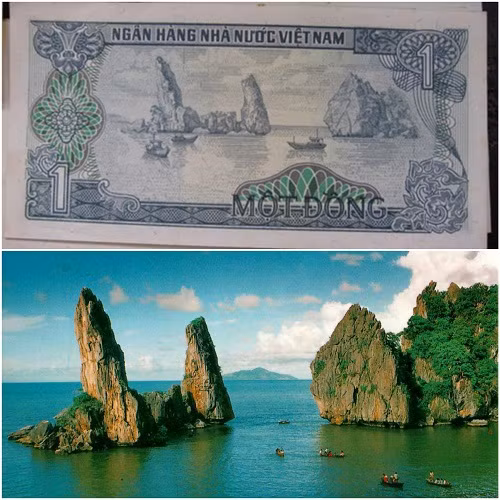 Trên các tờ tiền xưa, nhiều phong cảnh, hình ảnh đẹp của Việt Nam được tái hiện rất sinh động. Mặt sau của tờ 1 đồng phát hành năm 1985 là hòn Phụ Tử - Hà Tiên (Kiên Giang). Đây là hai khối đá dính liền nhau đứng trên một bệ đá có chiều cao 5m so với mặt biển, tượng trưng cho tình cảm cha con quấn quýt bên nhau.