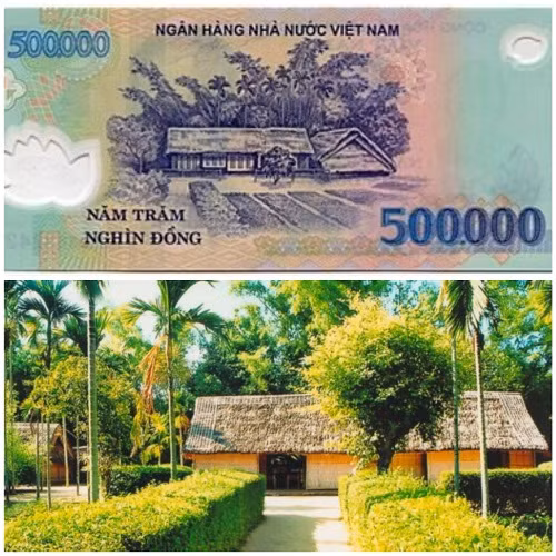 Hình ảnh làng Sen (Nghệ An) quê hương của Chủ tịch Hồ Chí Minh được tái hiện trên mặt sau của tờ tiền 500.000 đồng.
