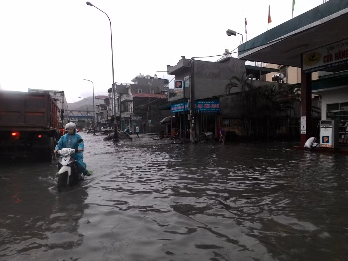 Nước ngập nửa bánh xe máy.