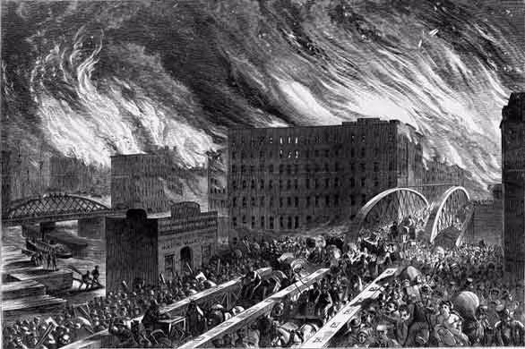 4. Vụ cháy dữ dội ở Chicago ngày 8/10/1871. Ngọn lửa bùng phát từ một ngôi nhà ở phía đông bắc thành phố Chicago. Sau đó, ngọn lửa nhanh chóng lan sang nhà thờ thánh Paul và nhiều công trình xung quanh.