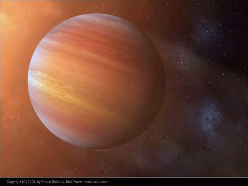 4. 51 Pegasi b (Bellerophon): Hành tinh này cực kỳ nóng với nhiệt độ khoảng 1,000 độ C. Sắt ở đây nóng chảy và bốc hơi, tạo ra những đám mây sắt khổng lồ và mưa sắt nóng chảy.(Ảnh:PlanetStar Wiki - Fandom)