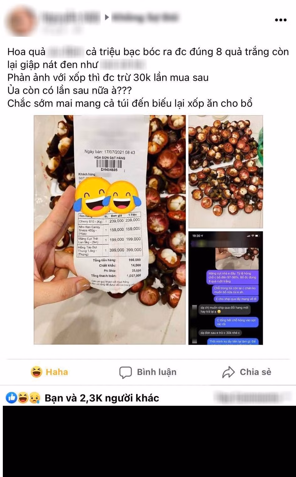 Mới đây một cô gái nữa đã vô tình trở thành "nạn nhân" của việc mua hàng online khi đặt mua 5kg măng cụt trên mạng. Theo đó, cô gái trẻ đã "than trời" vì tốn tiền nhưng mua phải măng cụt hỏng. Tổng hóa đơn nữ khách hàng này đặt ngót nghét 1 triệu đồng, bao gồm một số loại như cherry, măng cụt, nho...